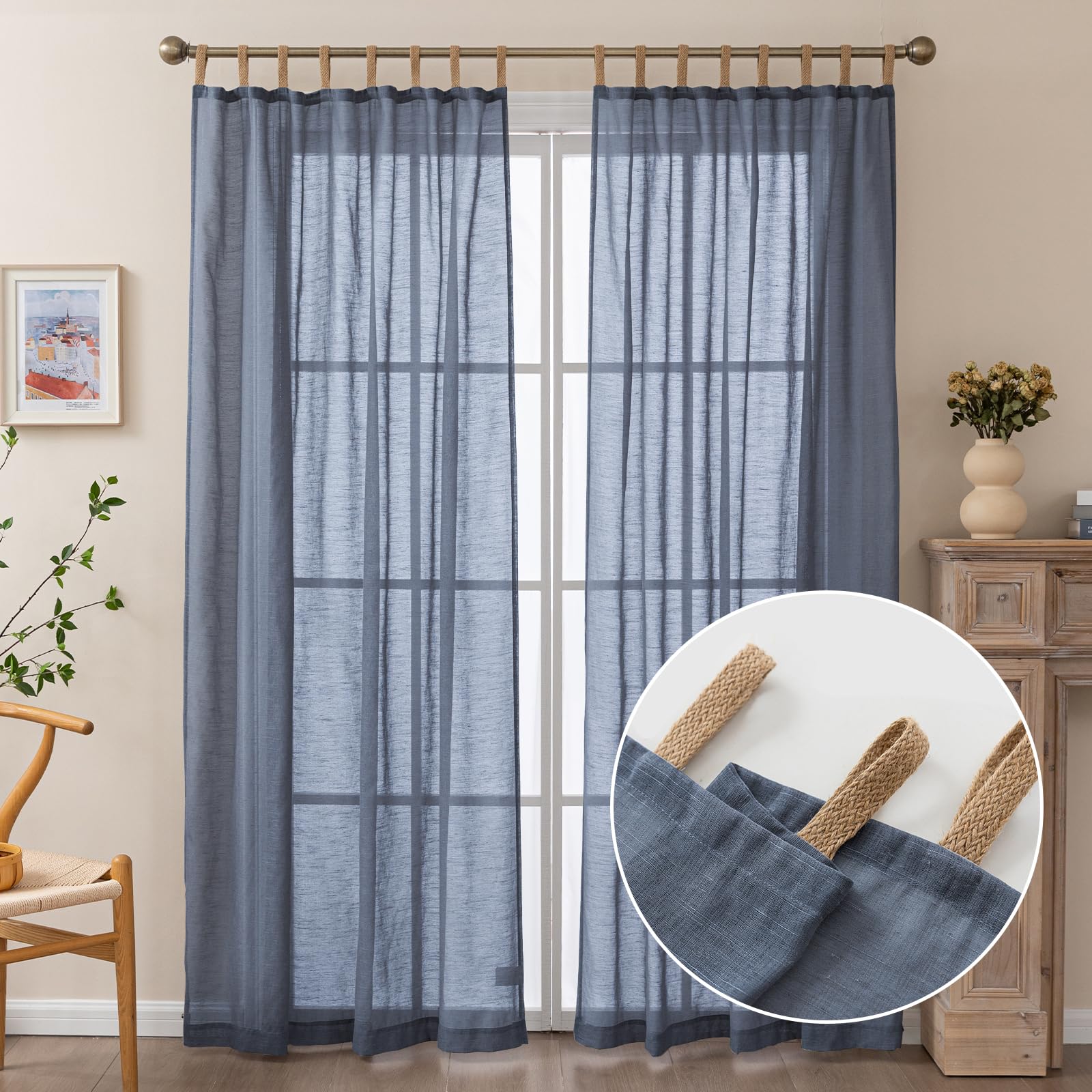 Photo 1 of BRIGHTSHEER Navy Blue Sheer Curtains 2 Panels, Soft Linen Textured Window Drapes with Twine Tabs for Bedroom, Living Room and Dining Room, Light Filtering & Privacy, W52 x L63 inches