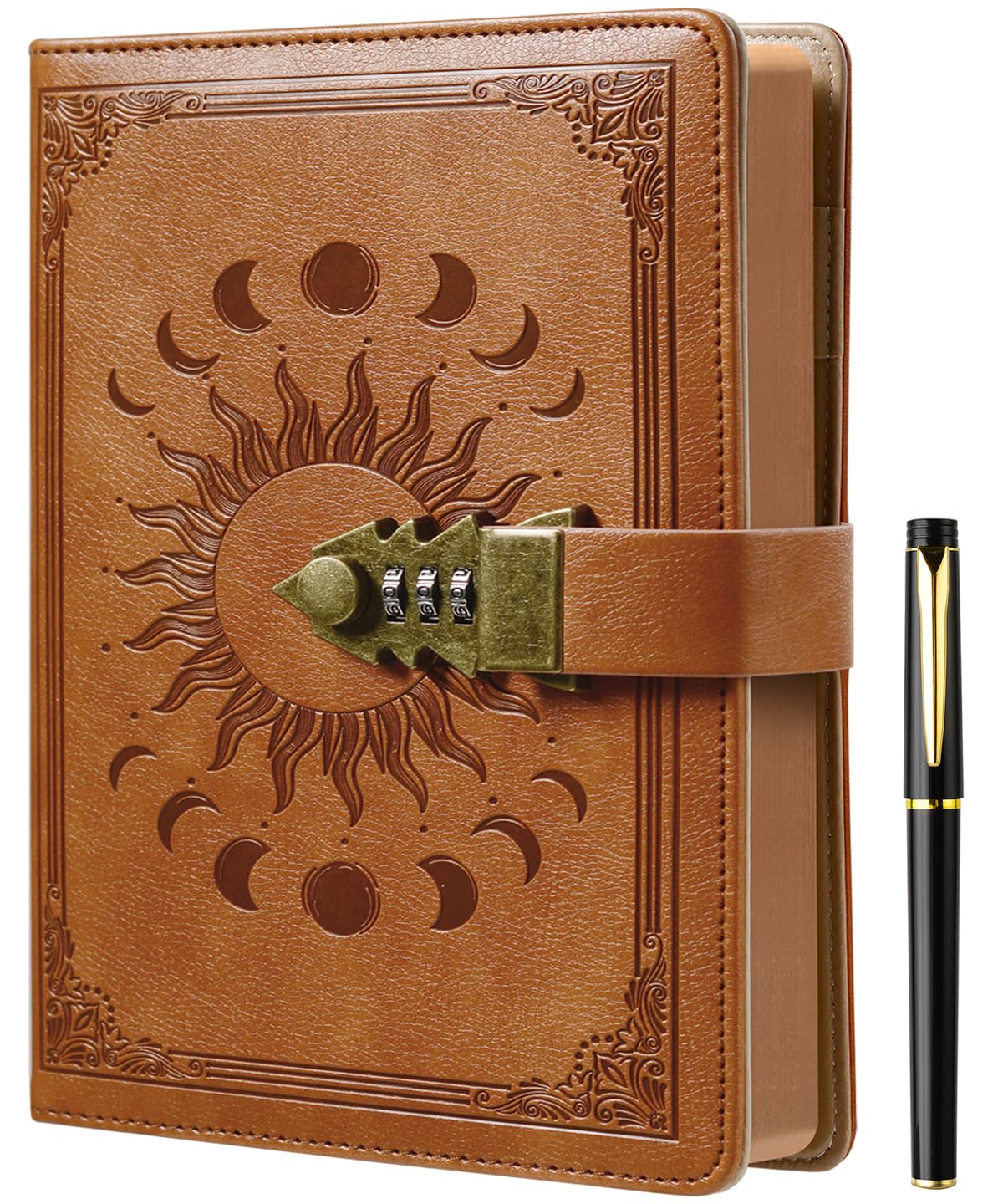 Lock Diary with Pen, Secret Diary with Lock, A5 Ruled 240 Pages PU Leather Journal with Lock, Refillable Hardcover journals for Writing Personal Planner Organizern, Size A5(85.9 × 8.5 Inch) SandyBrown — image 1