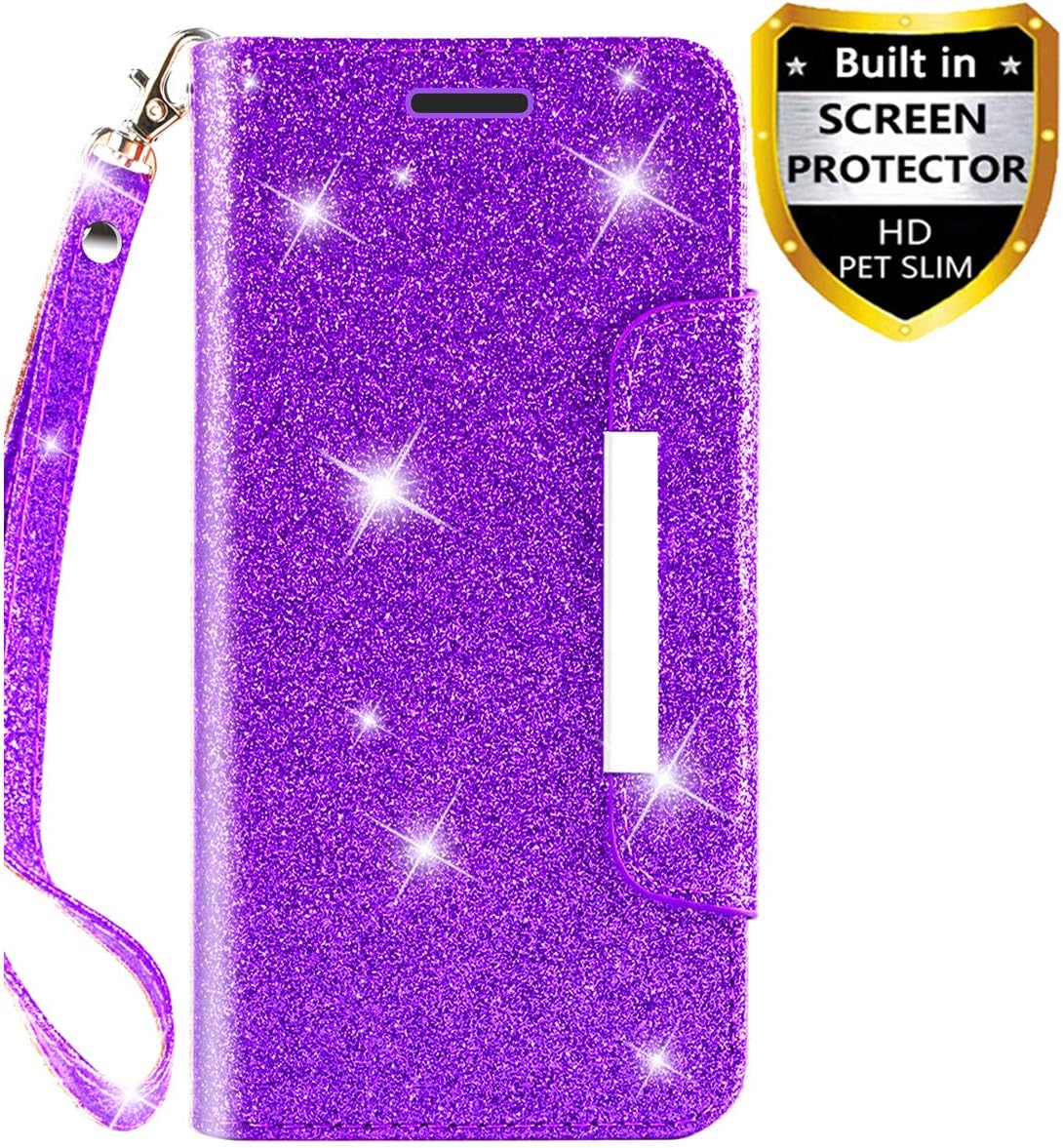 Galaxy Note 4 Case, with Screen Protector, TPU + Leather Bling Glitter Flip Wallet Case with Kickstand Credit Card Holder Slot for Girls/Women for Samsung Galaxy Note 4 (Purple)