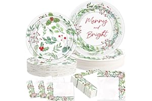 OuMuaMua 150Pcs Christmas Paper Plates and Napkins Disposable Dinnerware Set, 9"/12" Holly Berries Tableware Set for Christmas Winter Wonderland Holiday Wedding Baby Shower Party Supplies, Serve 50