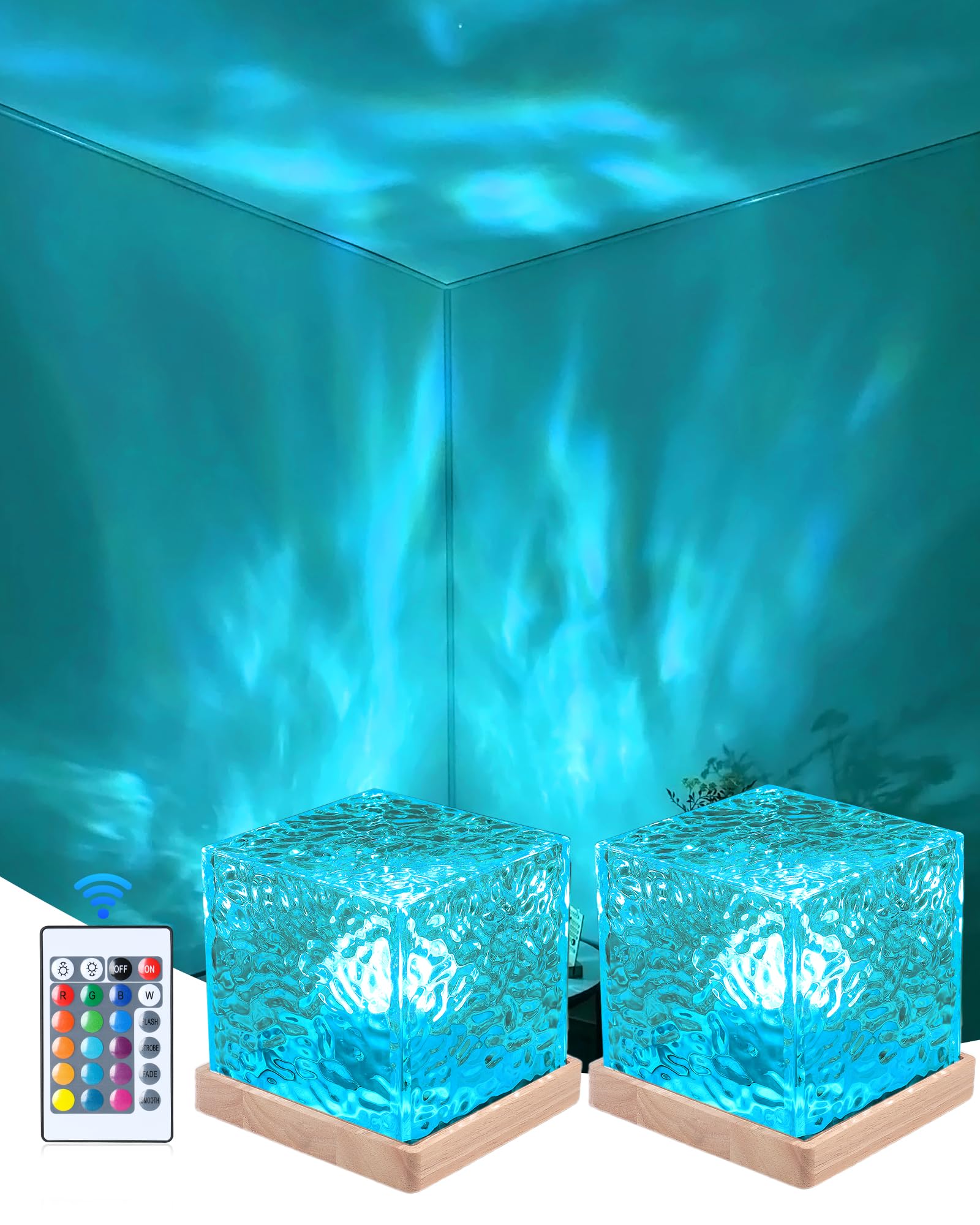 Photo 1 of Deogos 2 PCs Cordless Ocean Lamp, Rechargeable Northern Lights Cube Ocean Wave Projector Light Aurora Glow Lamp,16 Colors Gradual Rotating with Remote Control for Bedroom Living Room and Game Room