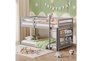 Xilingol Low Bunk Bed for Kids, Floor Bunk Bed Twin Over Twin with Bookshelves & Full Guardrails, Wooden Twin Bunk Bed Frame for Bedroom, Dorm, Boys, Girls, Children, Toddler (Grey)