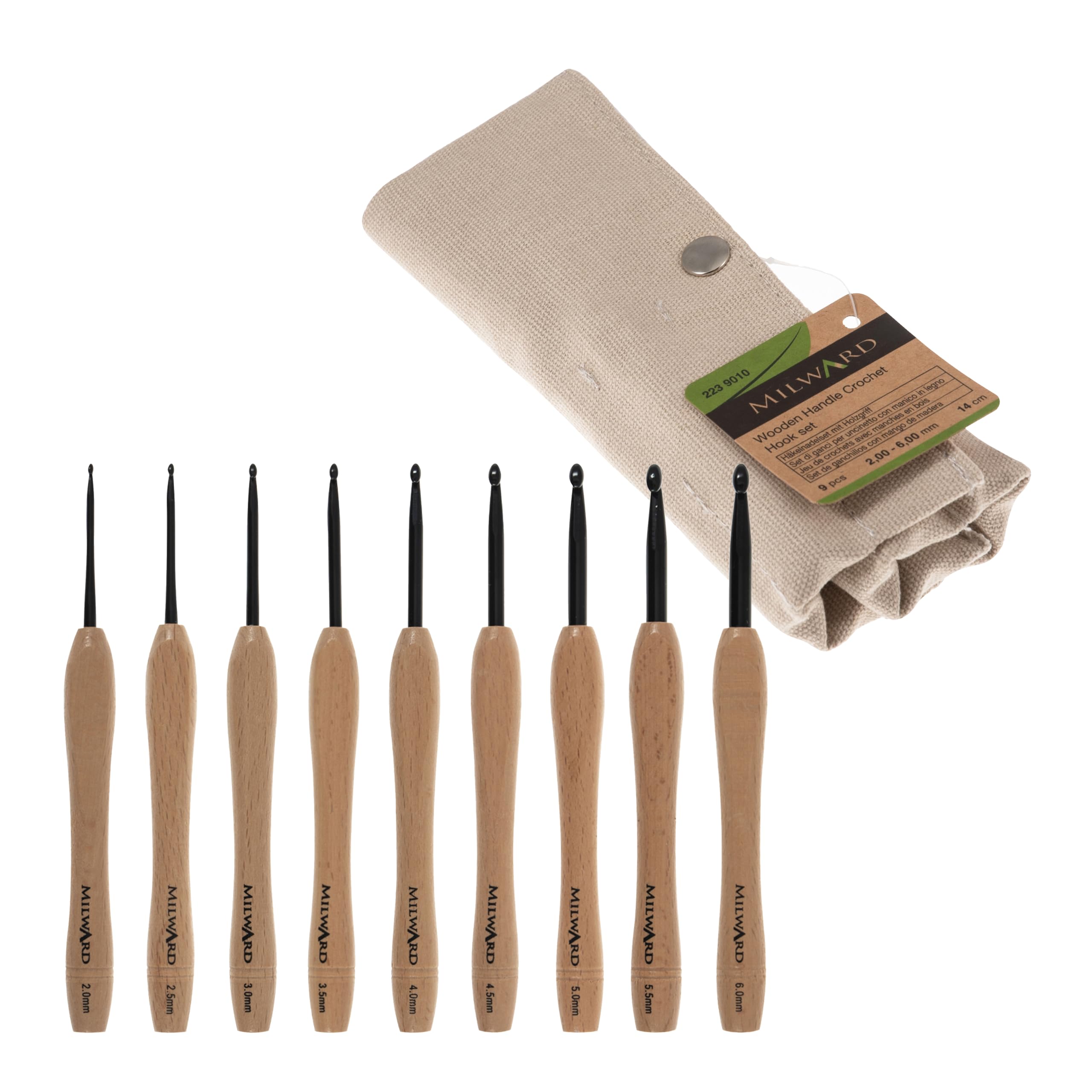 Milward Crochet Hook Set - Smooth Beech Handles Aluminium Hooks, 2,2.5,3,3.5,4,4.5,5,5.5 and 6mm, 100% Cotton Hard Zippered Case, Grey