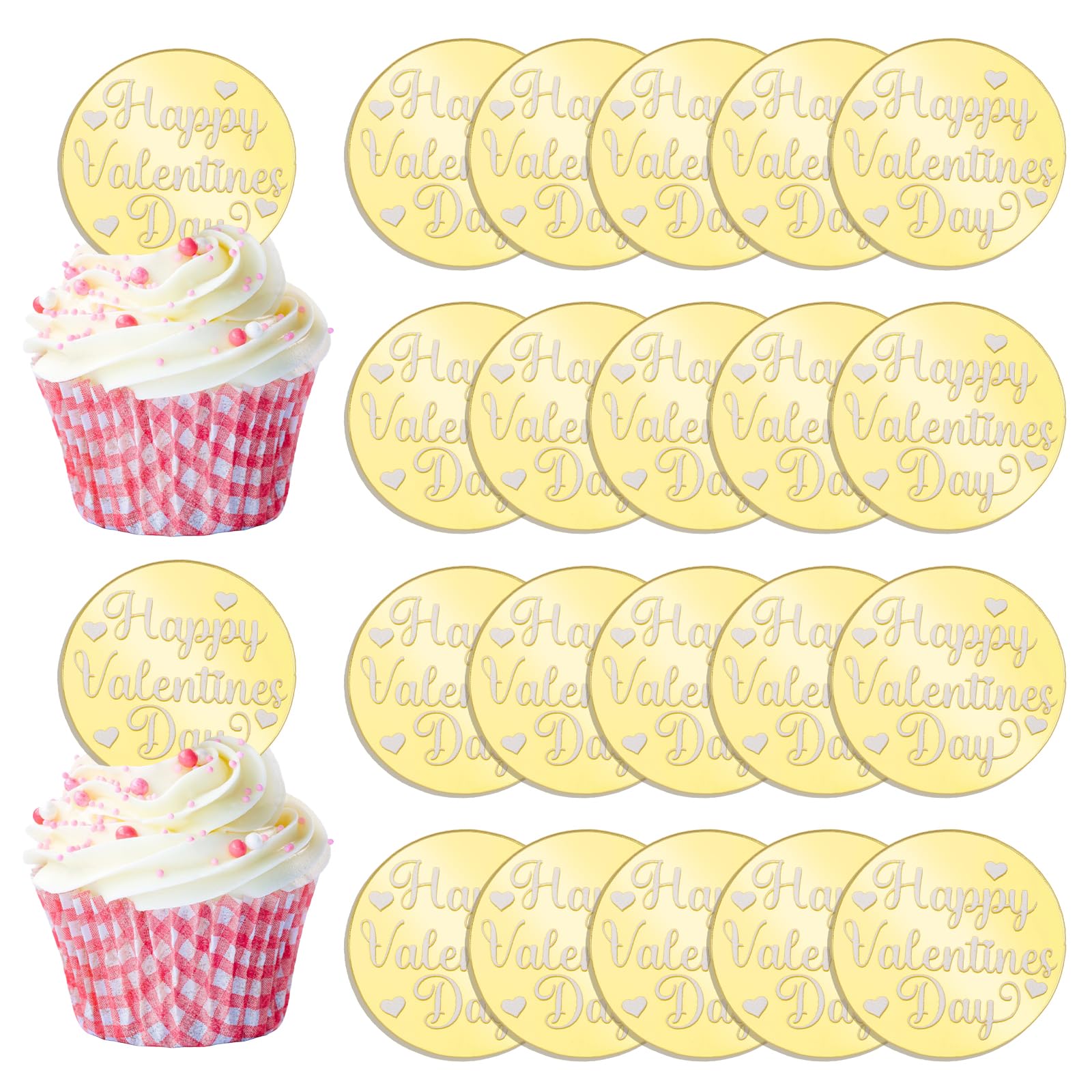 URROMA 20pcs Happy Valentine's Day Acrylic Cupcake Toppers, Gold Round Cupcake Toppers with White Words Cake Topper Acrylic Cake Charm Cake Decoration Party Supplies