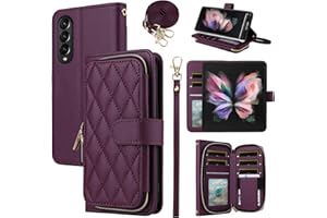 Furiet Wallet Case for Samsung Galaxy Z Fold 4 5G 2022, Wrist Strap Crossbody Shoulder Strap 9+ Card Slots Zipper Purse, Luxury PU Leather Stand Phone Cover for ZFold4 Z4 Fold4 4Z ZFold45G Deep Purple