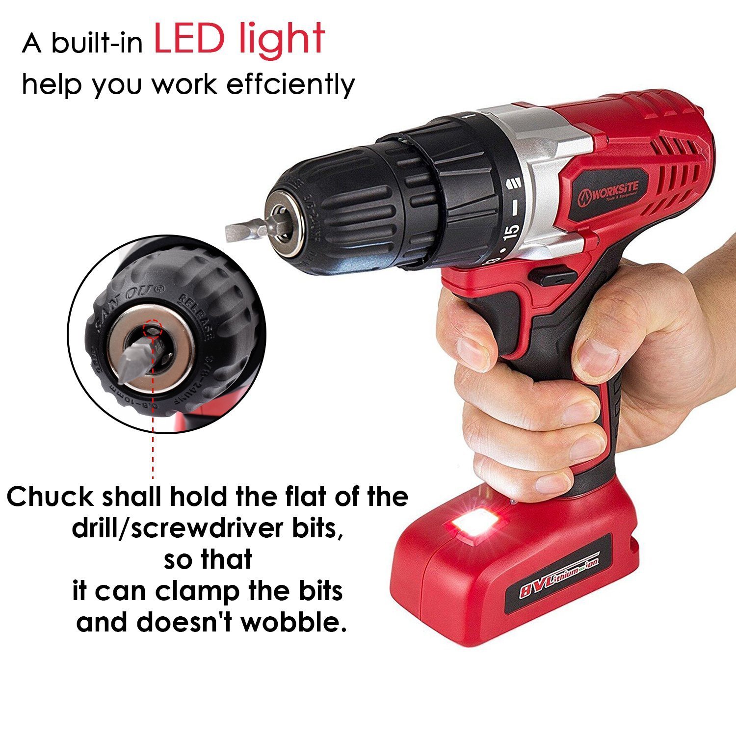 WORKSITE 8V Electric Cordless Drill Screwdriver with 1300mA Lithium-Ion Battery, 16 Position Keyless Clutch, Variable Speed Switch, Lightweight, Built-in LED Light, 13 Pcs Bits Set, Magnet Wristband
