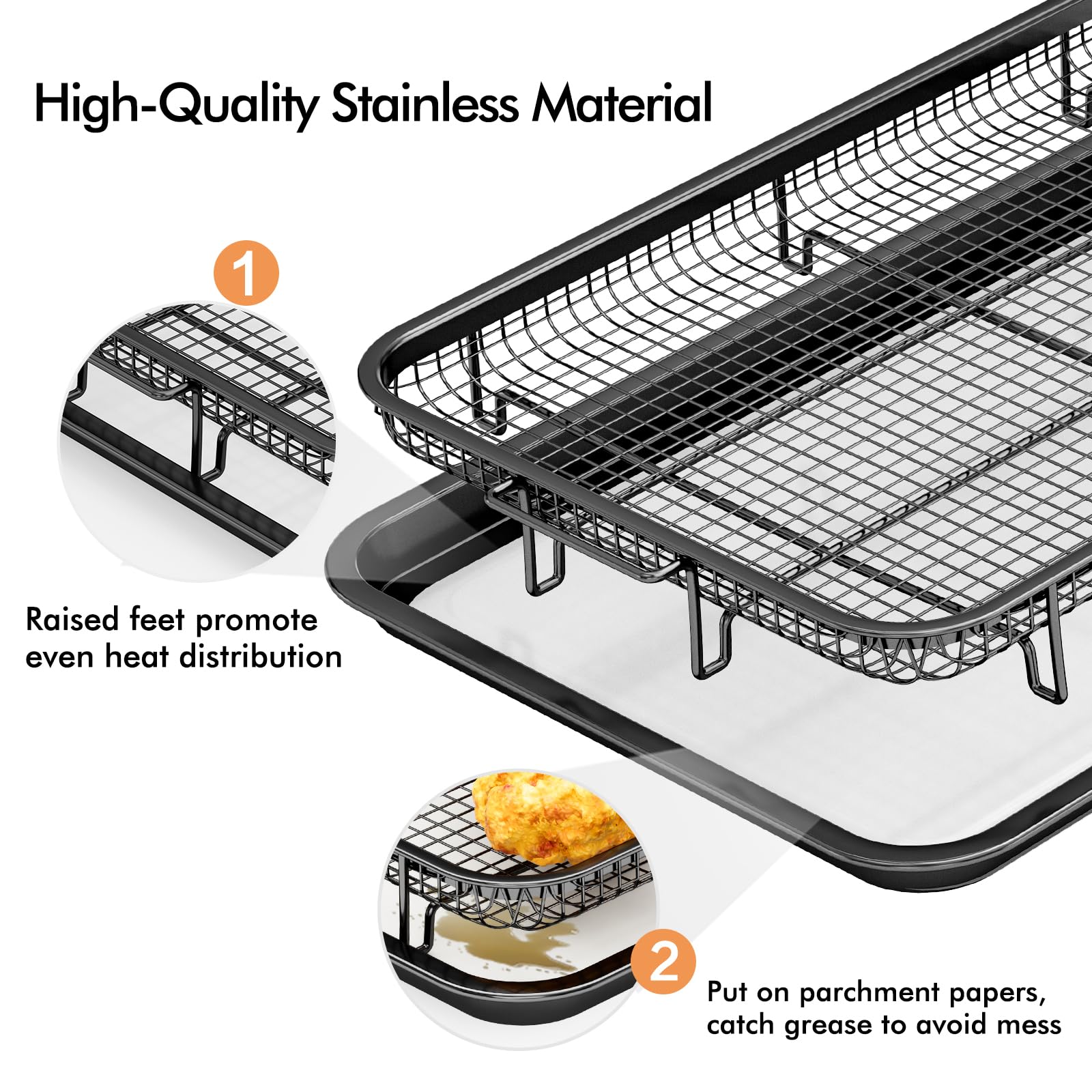 Air Fryer Basket for Oven, 2 Set Air Fryer Basket and Tray Set with 60 Sheets Parchment Papers,THORSES Stainless Steel NonStick Air Fryer Pan and Crisper Tray-Black Large15.7“×11.6” & Medium12.8