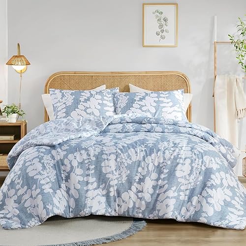 Lanqinglv Duvet Cover Set Super King Blue White Floral Leaves Leaf Botanical Reversible Bedding Set Soft Quilt Cover 230x260cm with Zipper Closure and 2 Pillowcases 50x75cm