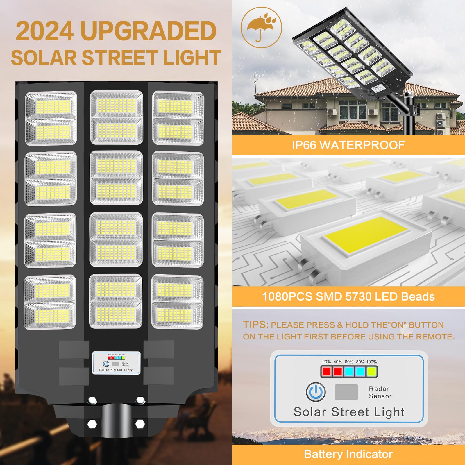 Deepn 2 Pack 3600W Solar Street Lights Outdoor, 300000 Lumens Dusk to Dawn Solar Flood Lights Outdoor Motion Sensor IP66 Waterproof Street Lights Solar Powered for Parking Lots, Backyard