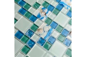 Hominter Ocean Breeze Glass Tile Blue & Green Beach Theme with Sea Shell Accents, Elegant Mosaic for Kitchen Backsplash, Bathroom Wall and Pool Decor (5 Square Feet)