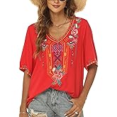 Grosy Plus Size Mexican Embroidered Peasant Blouse, Loose Fit Bohemian Short Sleeve Top for Women, Summer Vacation T-Shirt
