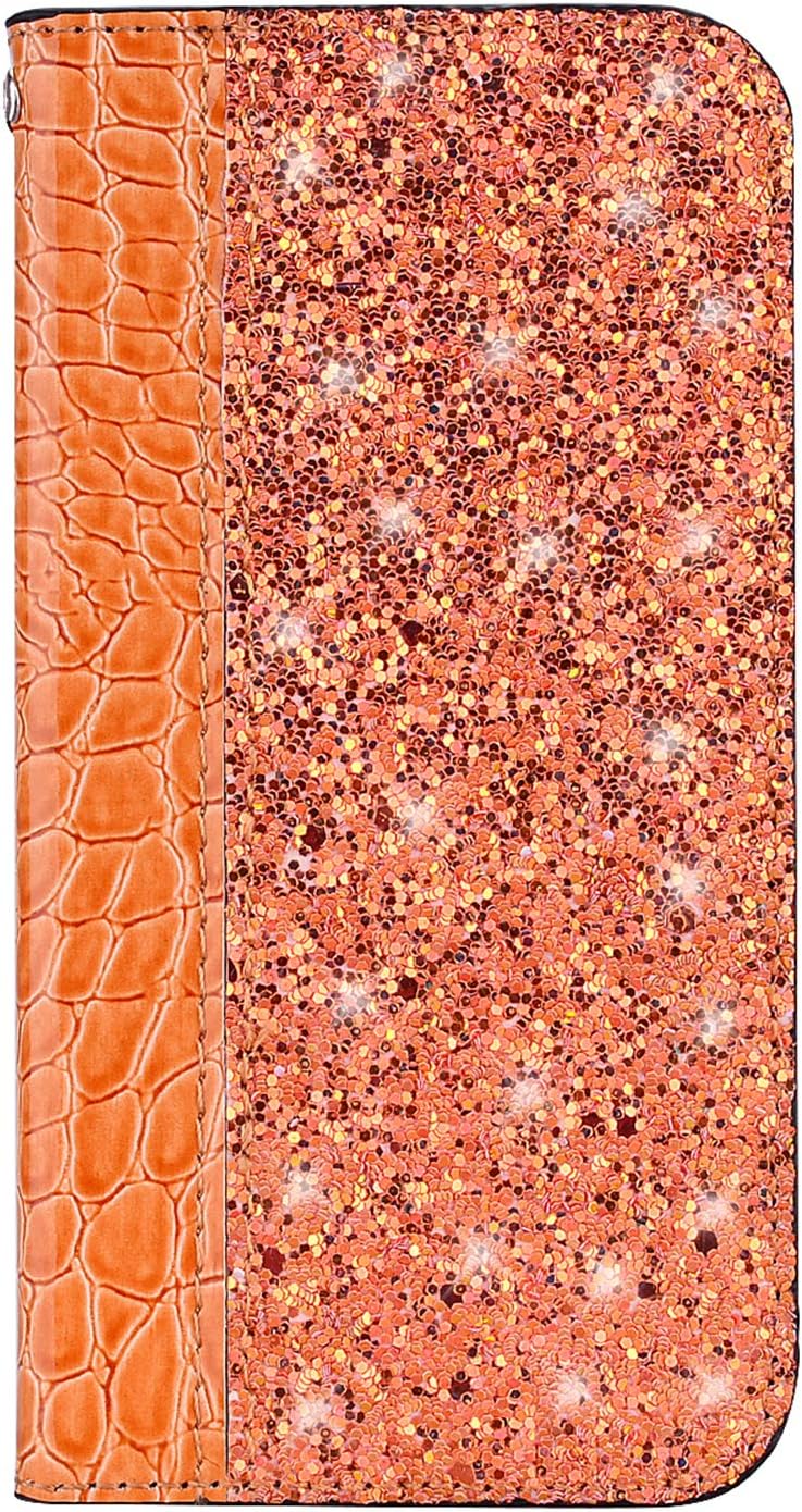 Galaxy J5 2016 Case, Slynmax Strong Magnetic Automatic Suction Shiny Gold Orange Leather Flip Wallet for Girls Crocodile Pattern Folio Cover Compatible with Samsung Galaxy J5 2016