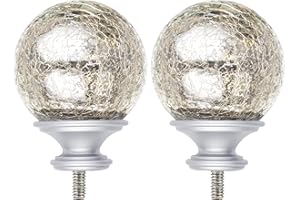 KAMANINA Crackle Glass Replacement Finials for 1 Inch Curtain rods, M6 Standard Screw Curtain Rod Finials, Silver, Set of 2