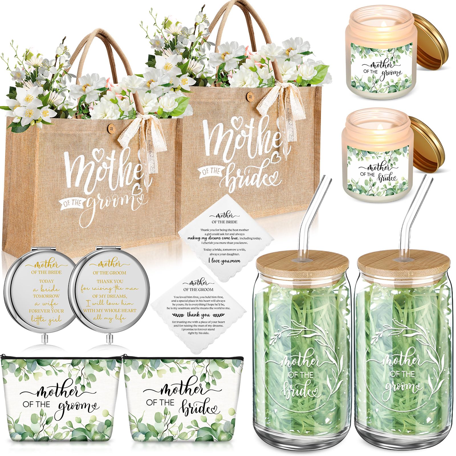 Photo 1 of Hushee 2 Sets Mother of the Bride and Mother of the Groom Gifts Set Includes 16 oz Glass Cups Canvas Tote Bags Cosmetic Bag Handkerchief Candle for Mom Bridal Shower Wedding Gifts(Eucalyptus)