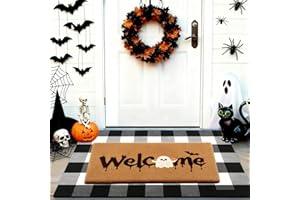 OUDDY MODE 2 Pcs Halloween Door Mat Set, 17" x 30" Halloween Outdoor Mat and 27.5" x 43" Black and White Plaid Rug, Ghost Welcome Mats Front for Front Porch Entryway Doormat Home Decor