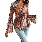 MakeMeChic Women's Paisley Print V Neck Blouse Bell Sleeve Tie Front Ruffle Shirt Tops