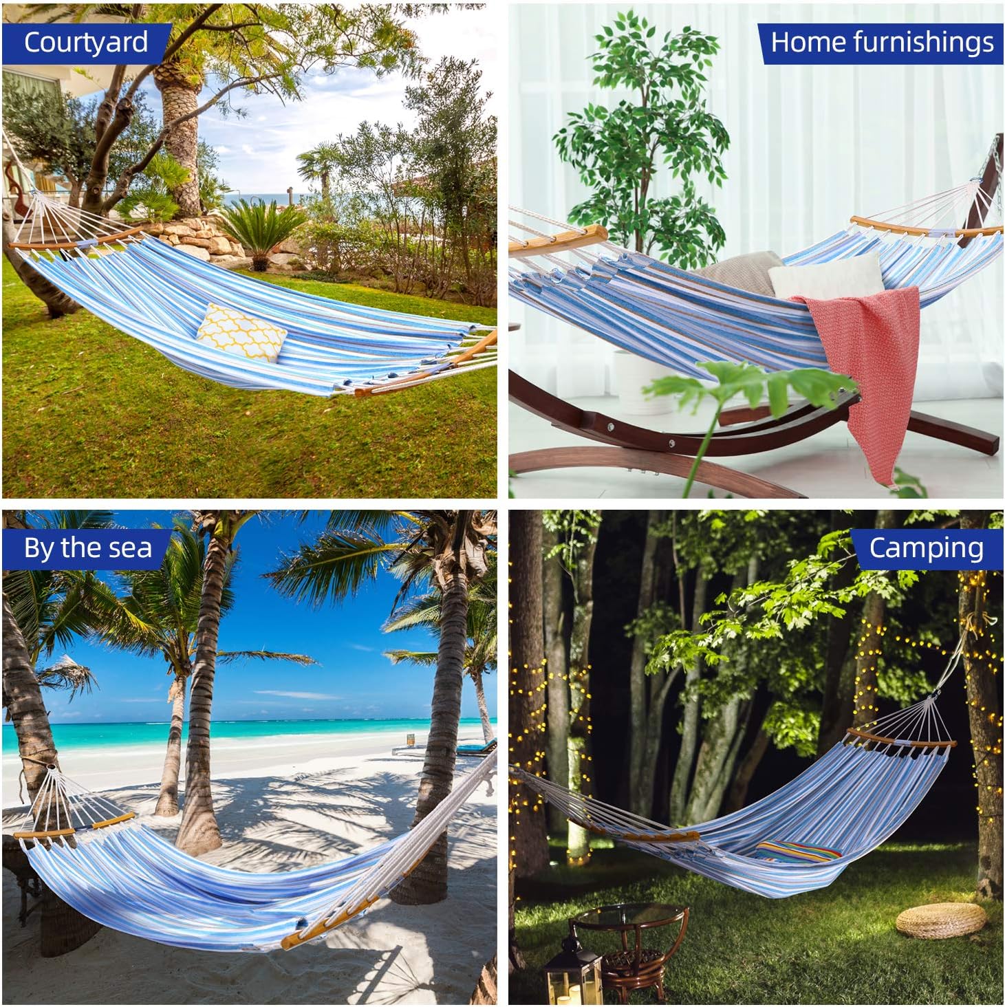 Ohuhu Double Hammock Swing with Tree Straps, Folding Curved-Bar Design 2020 Upgraded Space-Saving Bamboo Hammock with Carrying Bag, Portable Hammock for Patio, Backyard, Camping, Beach, Blue Stripe: Furniture & Decor