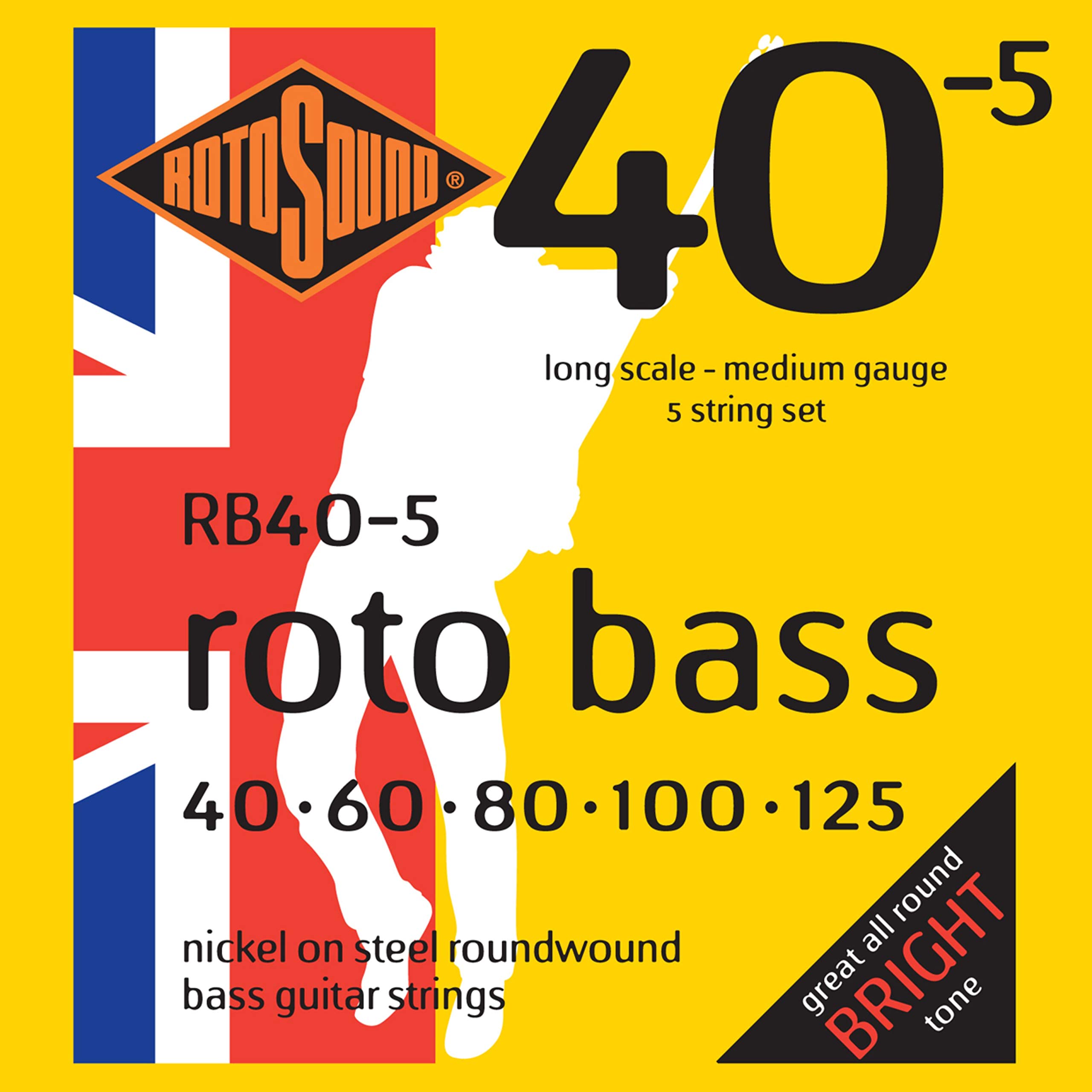 Rotosound RB40-5 Nickel Medium Gauge Roundwound Bass Strings (40 60 80 100 125), White Black Red Blue