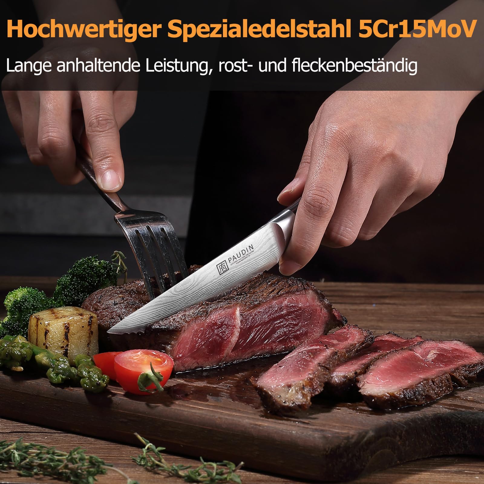 PAUDIN Steakmesser 6-teiliges Set, hochwertiger deutscher Edelstahl Steak Messer, ultrascharfe gezackte Klinge und ergonomischer Holzgriff, Tafelmesser mit Geschenkbox 4