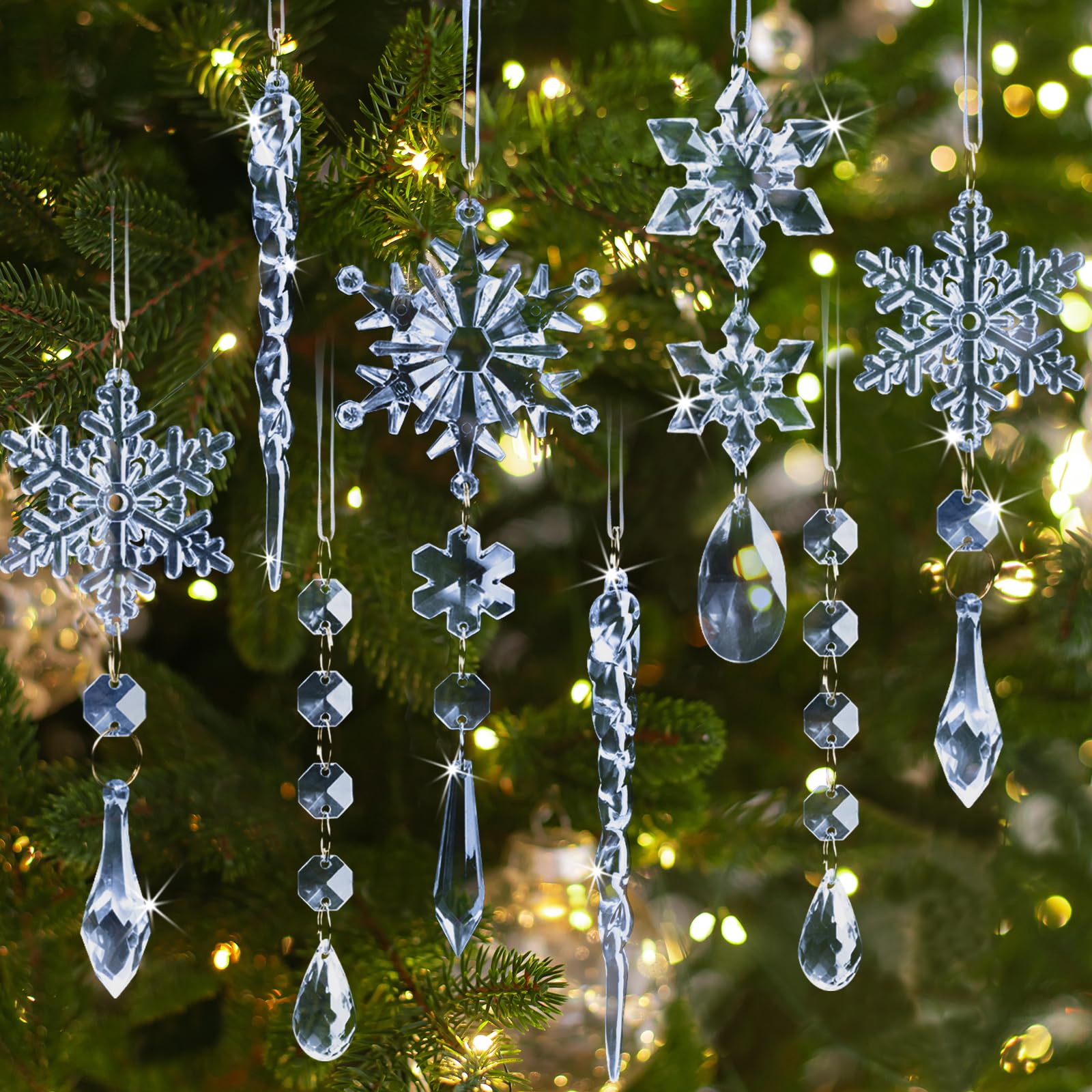 Photo 1 of 18pcs Crystal Christmas Ornaments for Christmas Tree Decorations- Light Blue Hanging Acrylic Snowflake and Icicle Ornaments with Drop Pendants for New Year Party Decorations Supplies