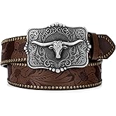 SUOSDEY Women Western Leather Belt, Cowboy Cowgirl Belt for Jeans Pants Longhorn Bull Big Buckle Belt