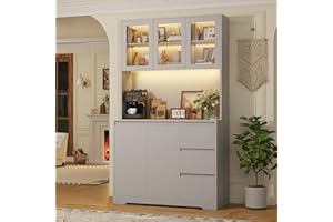 FINETONES 71" Kitchen Pantry Cabinet with LED Lights and Charging Station, Modern Kitchen Hutch Cabinets with Storage and Microwave Stand, Pantry Cabinets Buffet Cabinet with Countertop, Grey