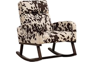 HOMYKA Nursery Rocking Chairs, Cow Printed Fabric Glider Chair Nursery Chair for Mom with High Backrest, Side Pocket and Extended Wood Legs for Bedroom Living Room, Cow