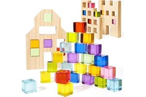 Woodtoe Wooden Building Blocks Set for Kids, 36 PCS Rainbow Acrylic Gem Cubes Blocks - 3 Wood House, Montessori Stacking Toy for Toddlers, Educational STEM Birthday Toys for Boys Girls 3-6