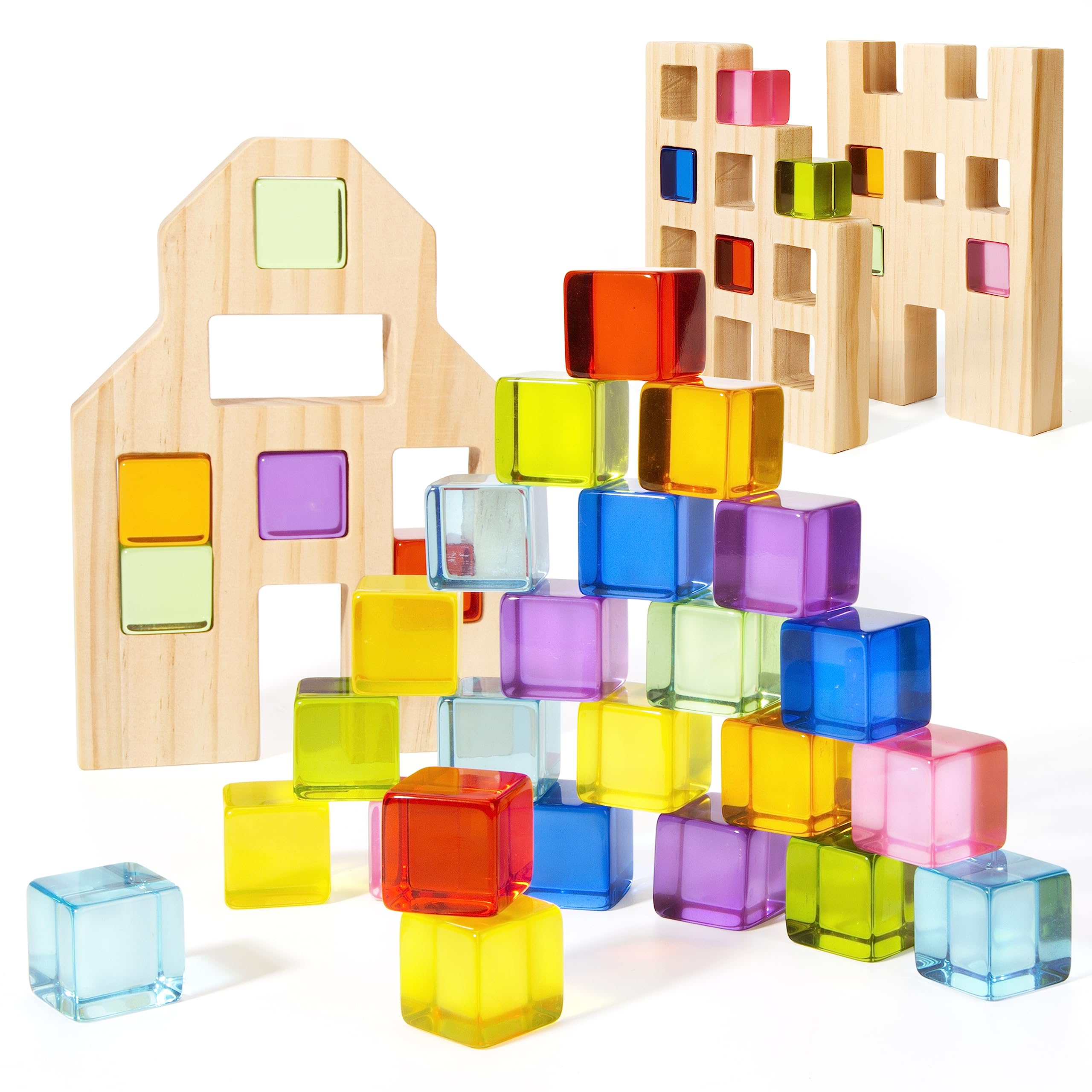 Woodtoe Wooden Building Blocks Set for Kids, 36 PCS Rainbow Acrylic Gem Cubes Blocks - 3 Wood House, Montessori Stacking Toy for Toddlers, Educational STEM Christmas Toys for Boys Girls 3-6
