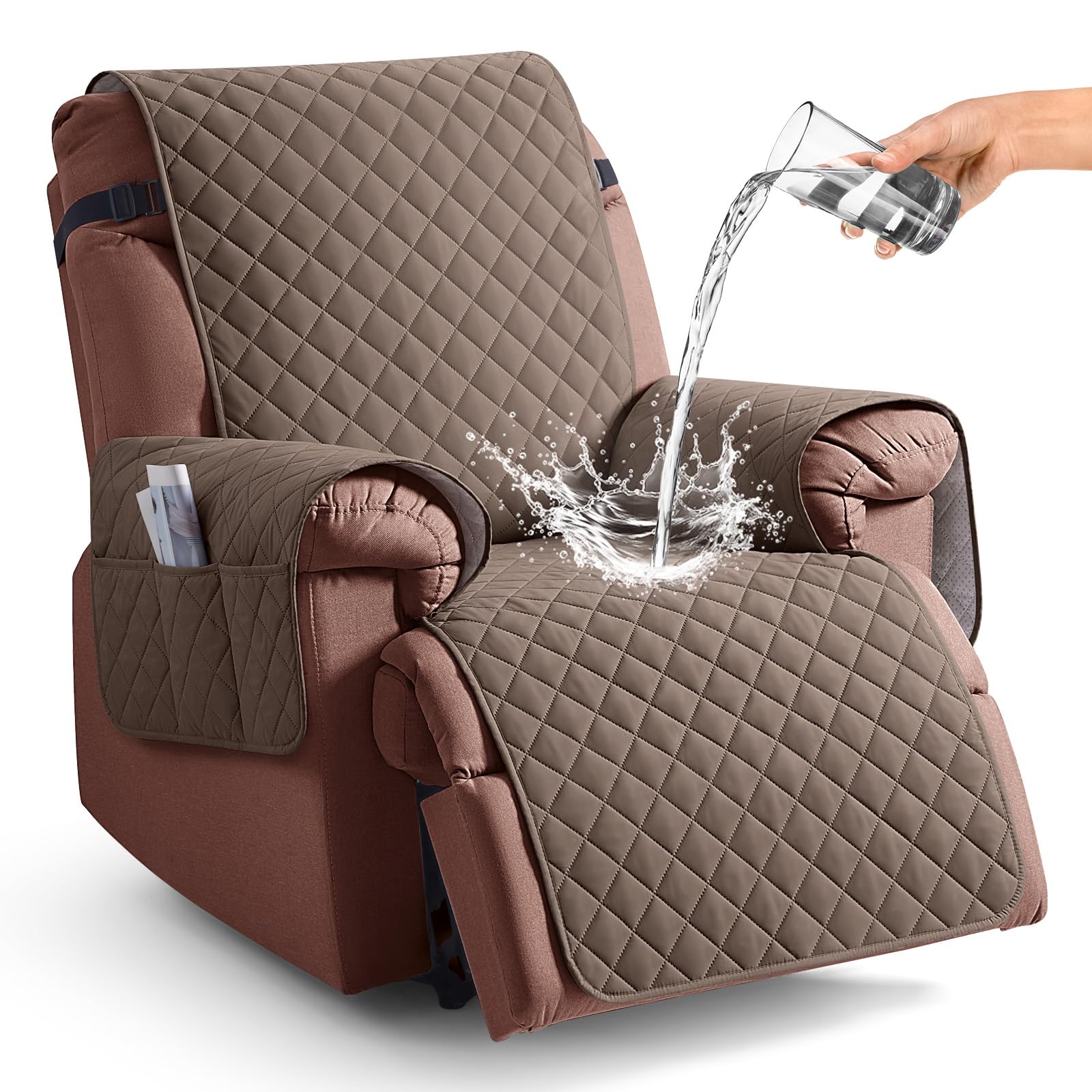 Photo 1 of KinCam 100% Waterproof Recliner Chair Cover, Reclining Couch Covers for Pets, Dogs, Recliner Couch Slipcover Furniture Protector with Elastic Straps for Kids(23.6", Brown)