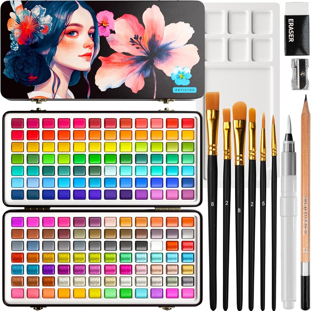 ARTISTRO 168 Watercolor Paint Set with 6 brushes Metal Case Portable