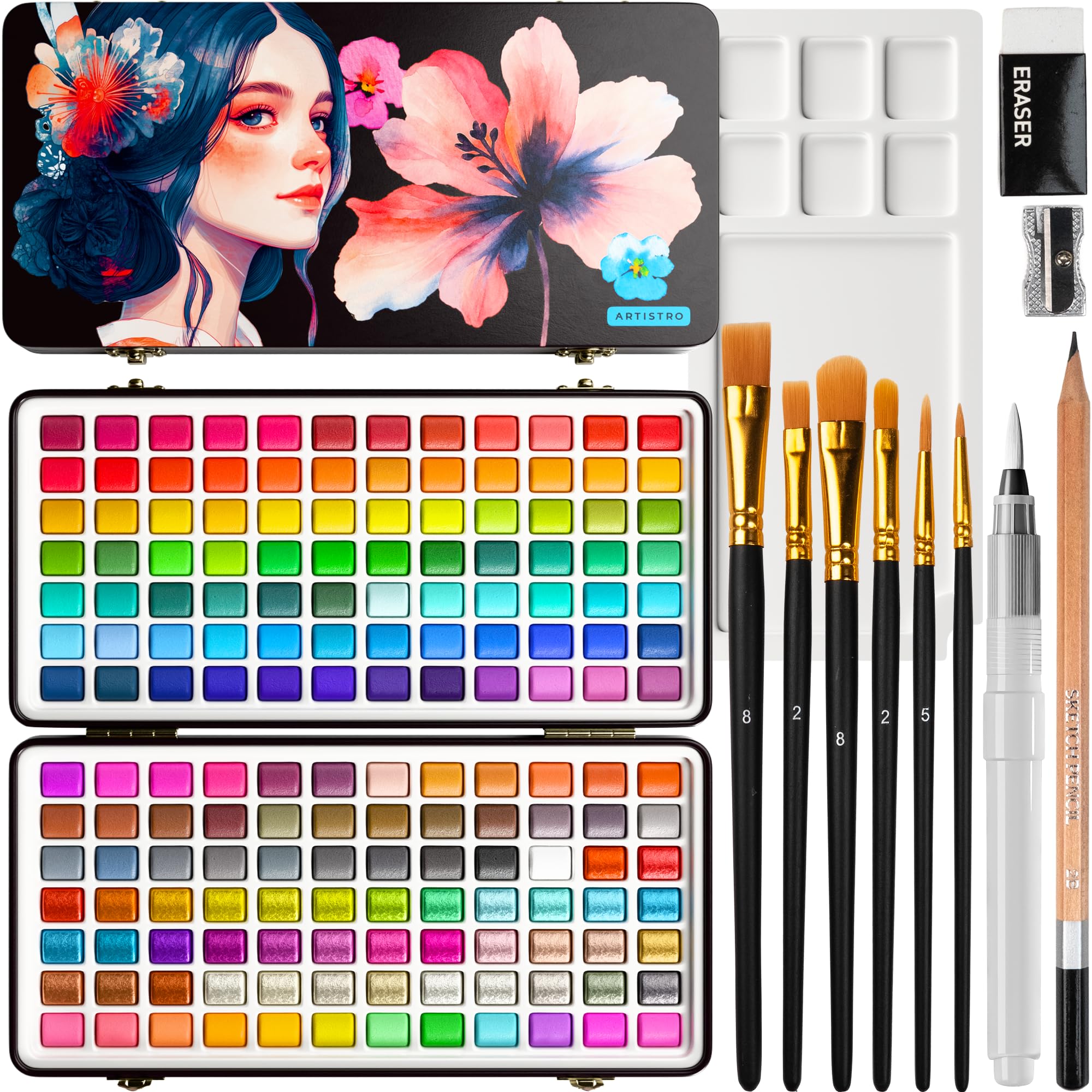 ARTISTRO 168 Watercolor Paint Set, Vivid Colors in Portable Box, Palette set. Perfect Travel Watercolor Set for Artists, Amateur Hobbyists and Painting
