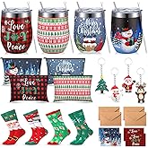 Sabary 20 Pcs Christmas Gifts Set Bulk Includes Wine Tumblers 12 oz Insulated Travel Coffee Mugs Canvas Makeup Bags Socks Cartoon Merry Xmas Keychains Note Cards for Winter Holiday Party Decoration