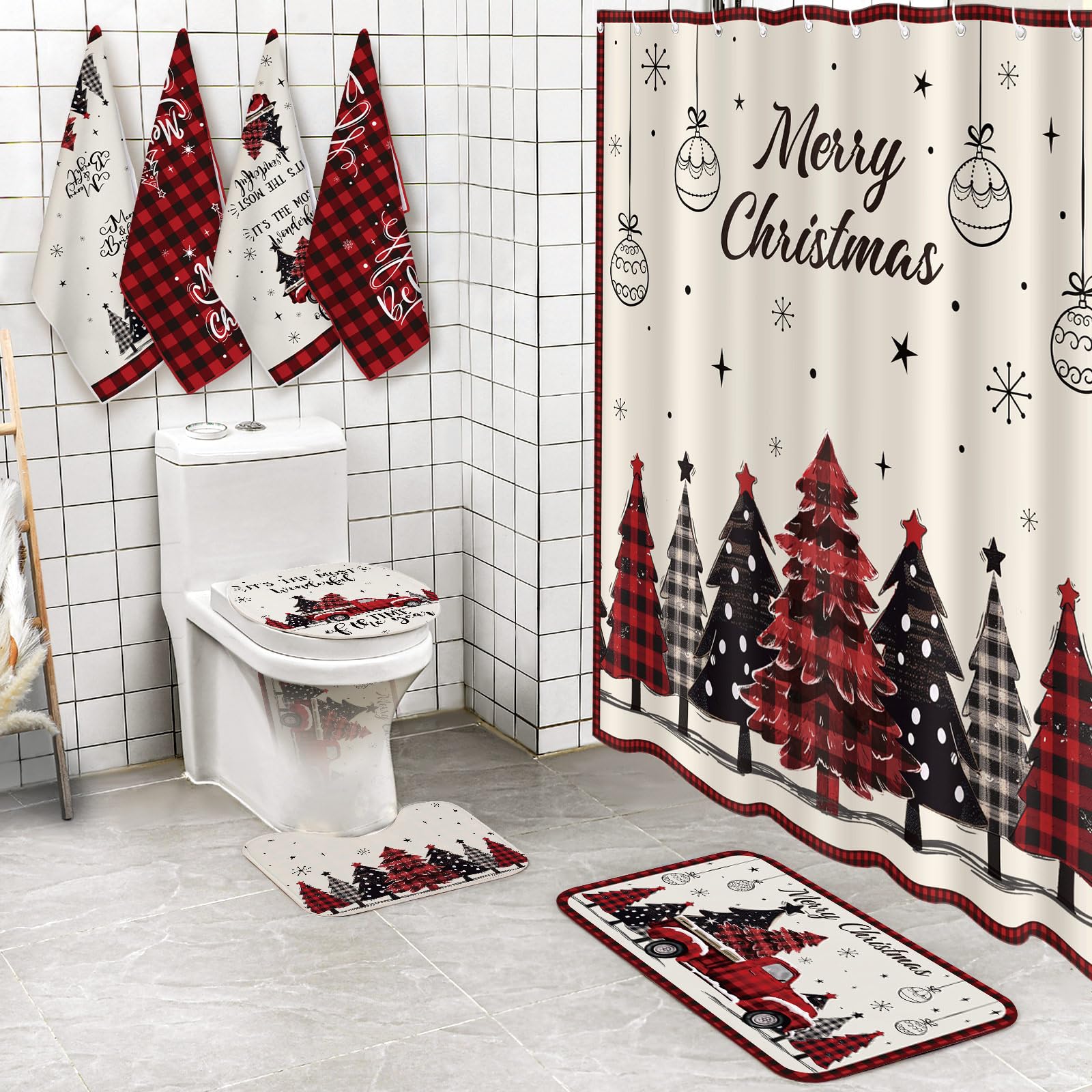 View 1 of **Similar product**
VitalCozy 8 Pcs Christmas Shower Curtain Set Winter Shower Curtains with Red Rug Toilet Mat Lid Cover Towels and Hook for Xmas Bathroom Accessories