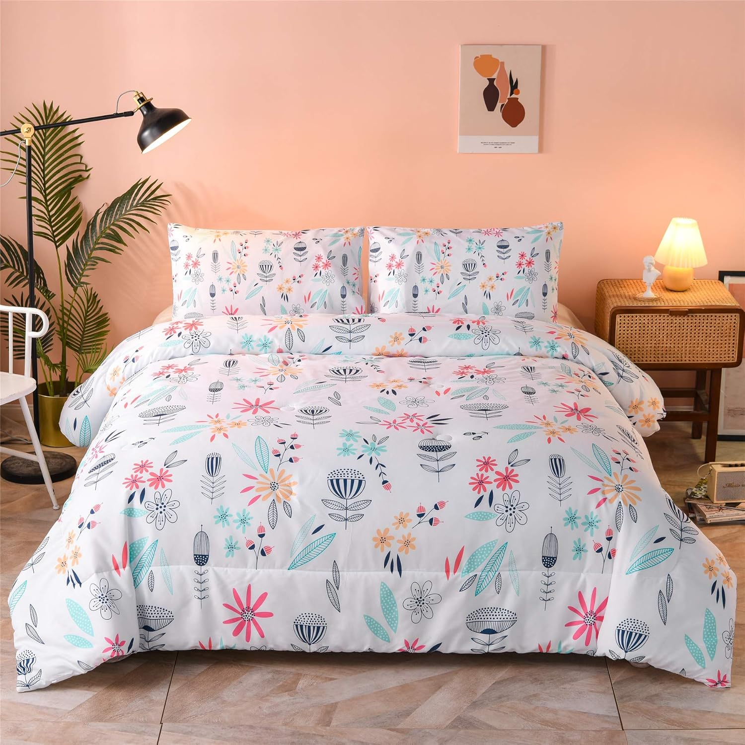 A Nice Night Botanical Boho Comforter Set,Soft Microfiber Bedding,Floral Garden Pattern Printed Quilt Bedding Sets (Gray-Leaves, Queen(Comforter 90"x90"))