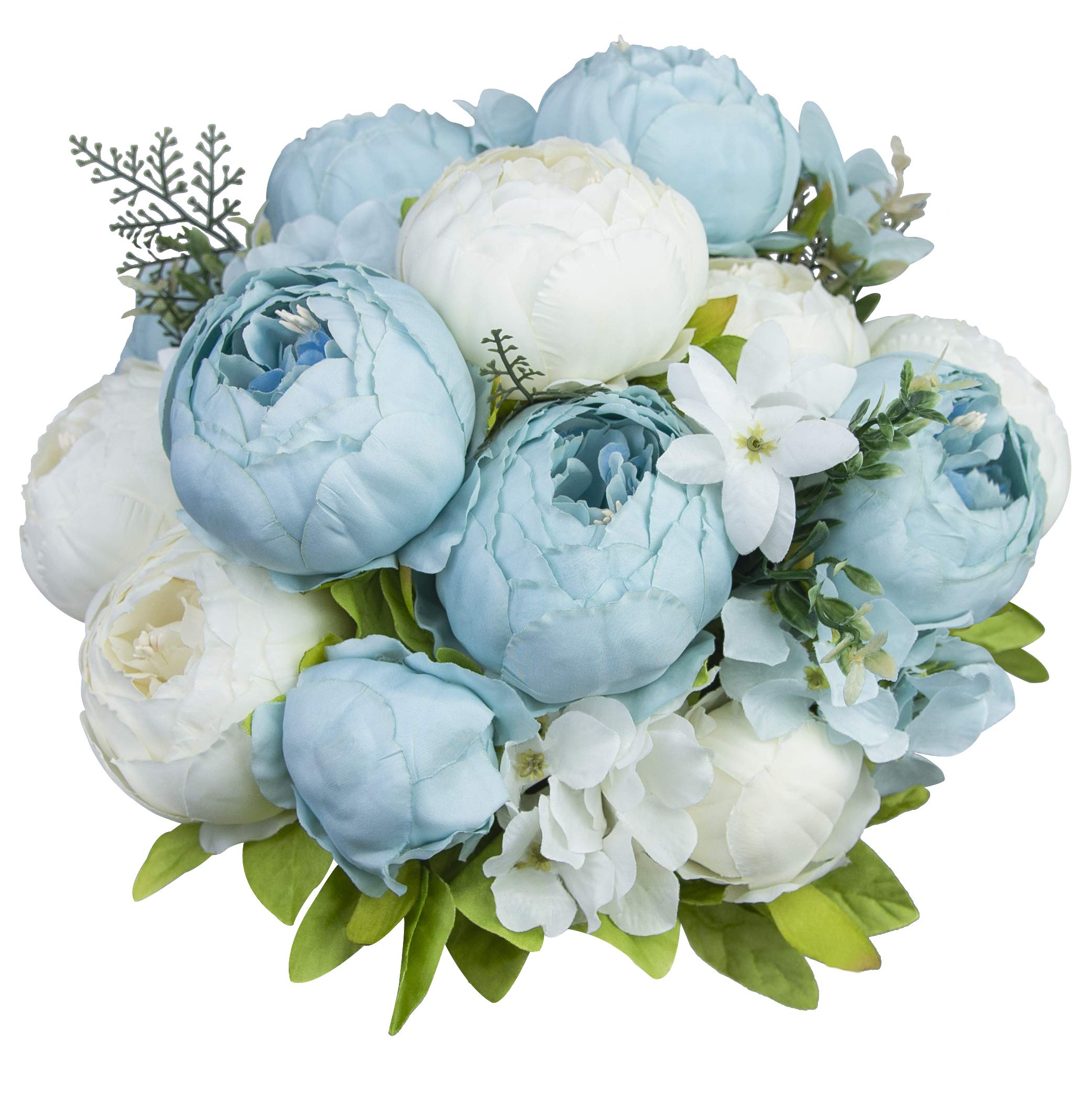 HUAHUASHIJIE Vintage Artificial Peonies Silk Peony Flowers Bouquet for Wedding Bridal Home Décor – Beautiful Floral Centerpiece Arrangement Decoration with 2 Bouquets (Light Blue, White)