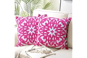 Alysheer Embroidered Decorative Throw Pillow Covers 18"x18" Set of 2 Pieces, Cozy Chic Boho Mandala Knit Pattern, Durable 100% Cotton Canvas Cushion Cases for Sofa Couch Living Room(Vivid Hot Pink)