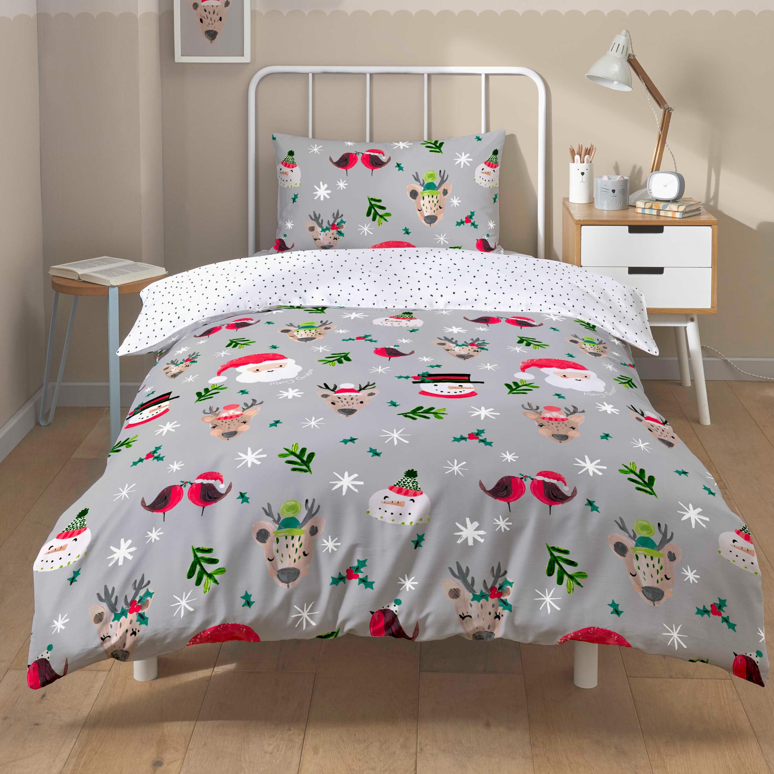 Olivia Rocco Christmas Santa & Friends Duvet Cover Set Festive Holiday Bedding with Santa Claus Comforter Quilt Covers Xmas Bed Set with Pillowcases, Grey Double