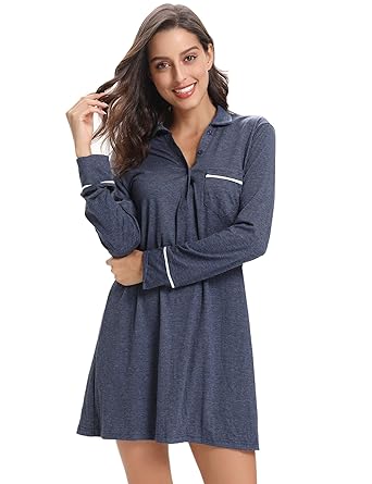 Aibrou Damen Baumwolle Mittellanges Langarm Nachthemd Boyfriend-Look Reverskragen Sleepshirt, S- XL, 3 Farbe