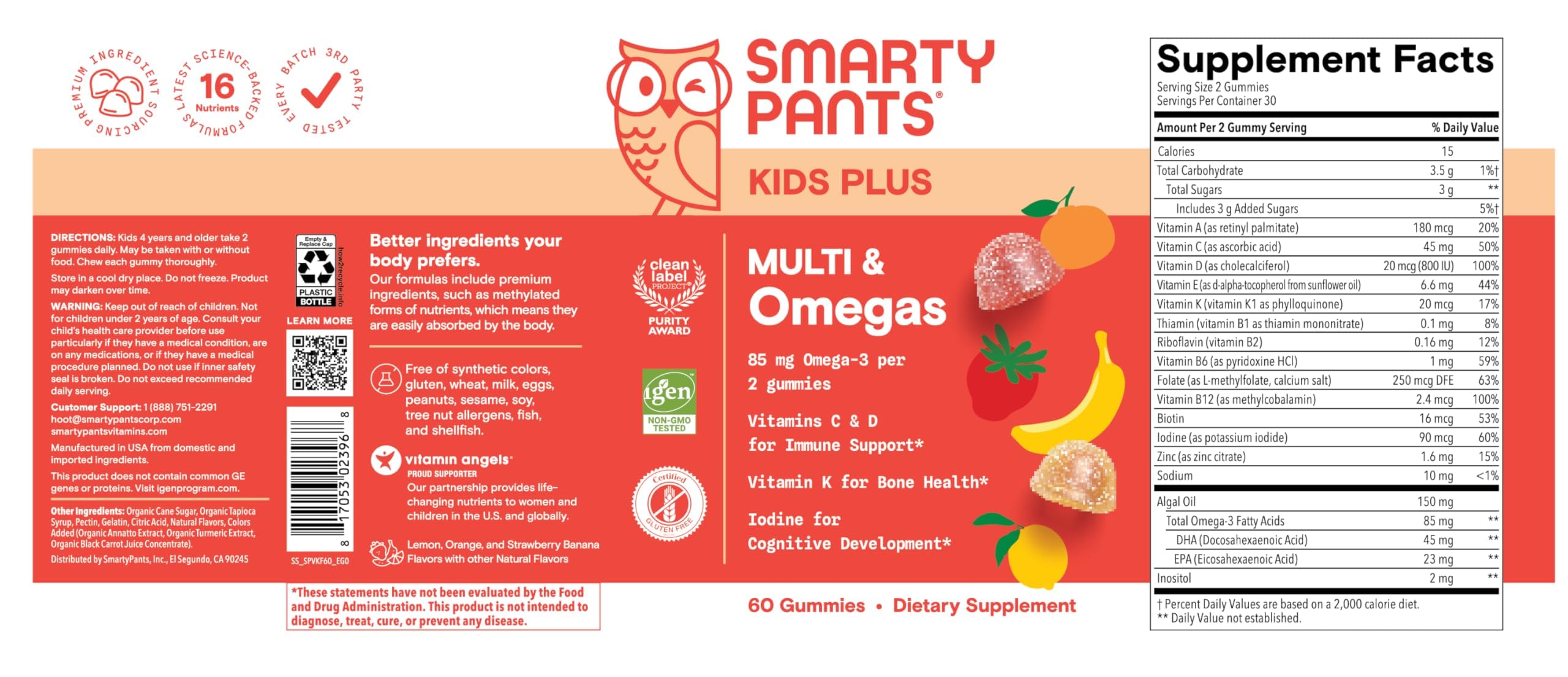 SmartyPants Kids Multivitamin Gummies - Improved Formula: Omega 3 (DHA/EPA), Vitamins D3, C, B12, B6, Vitamin A, K & Zinc, Gluten Free, Three Fruit Flavors, 60 Count (30 Day Supply)