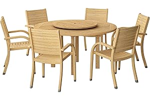 Amazonia Powell 7-Piece Wood Patio Dining Set | Round Teak Finish Table with Lazy Susan | Ideal for Outdoors, Brown
