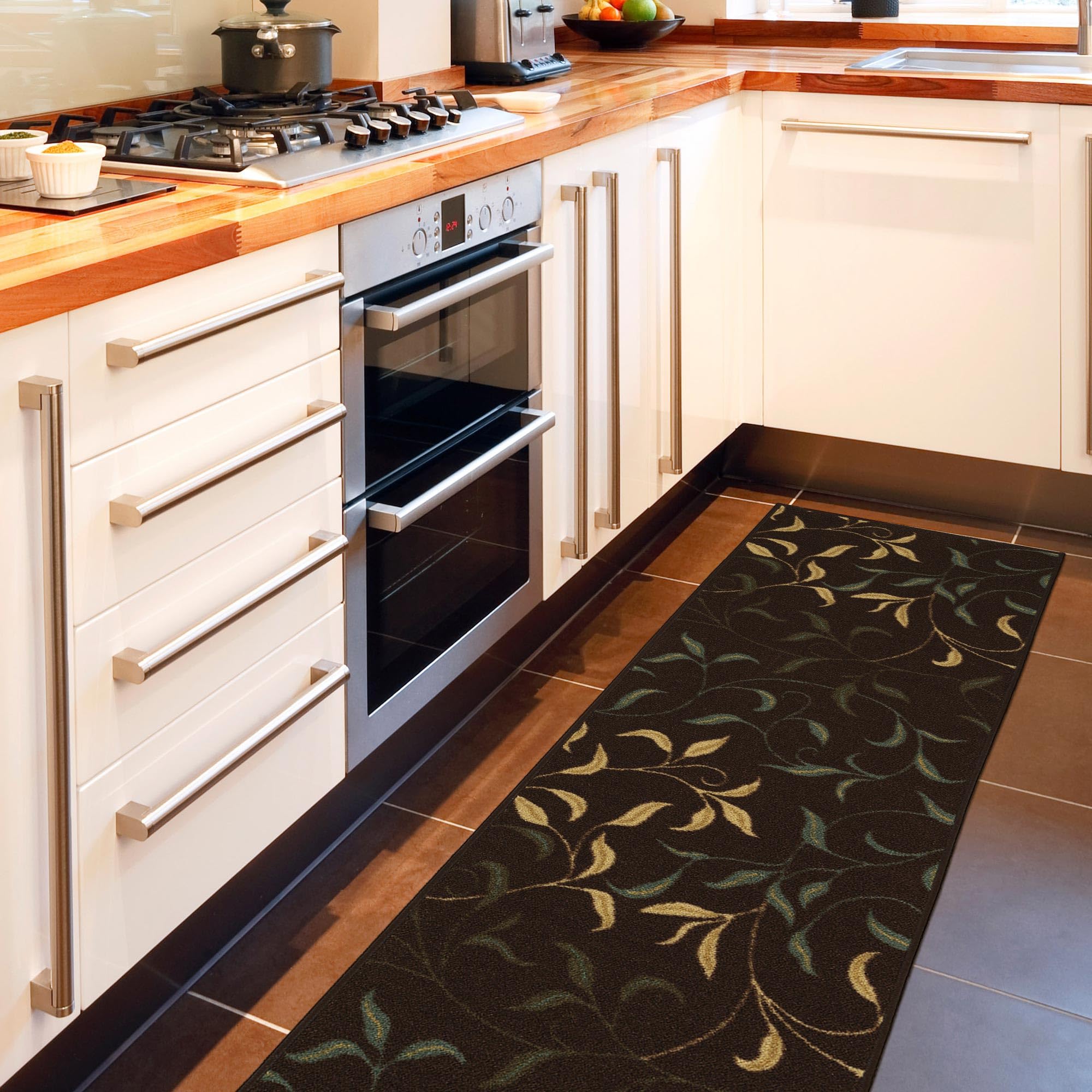 Ottomanson Ottohome Collection Contemporary Leaves Design Rubber Back Runner Rug , 57 cm x 210 cm, Brown