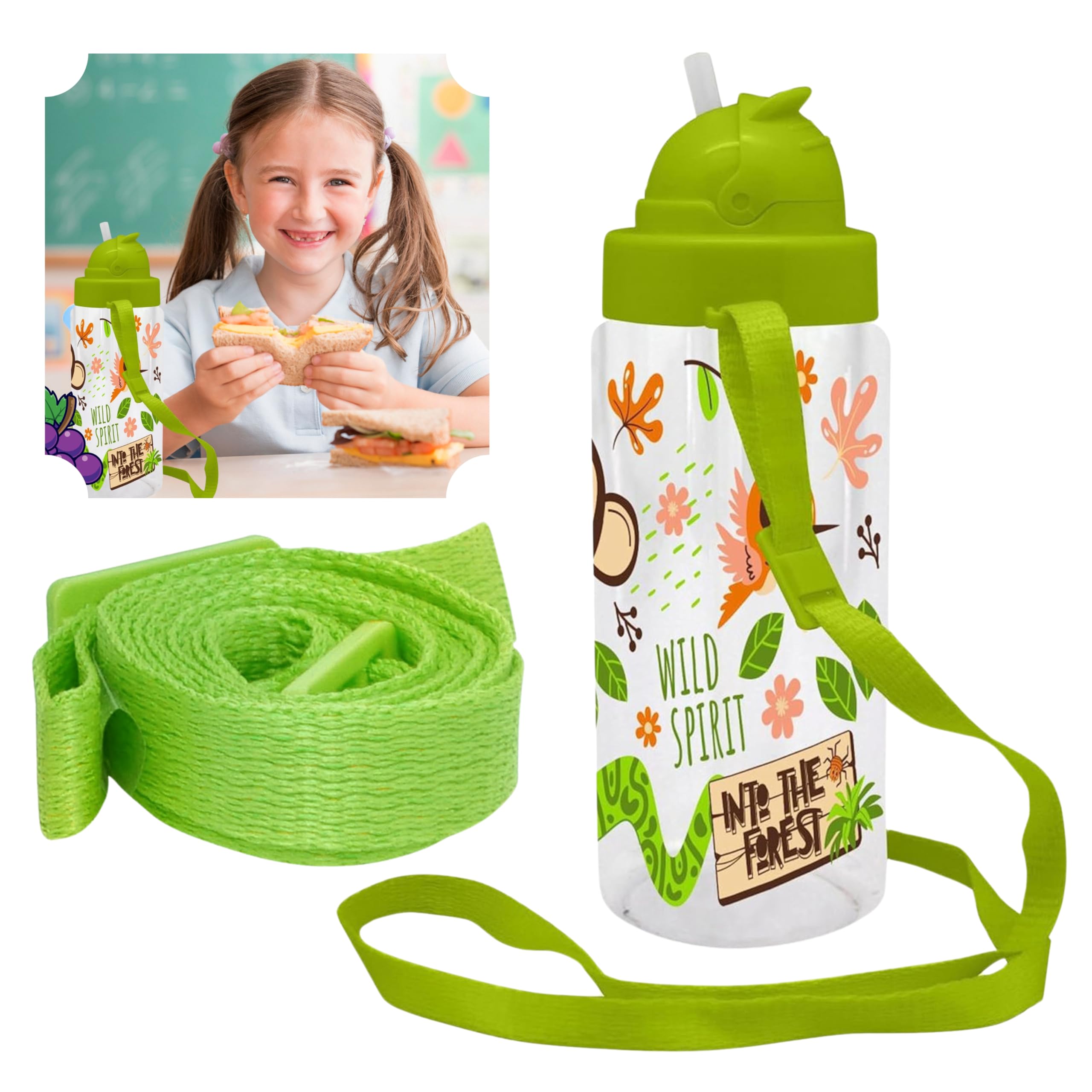 SRV Hub Into the Forest Straw Sipper Summer Water Bottle for Kids | 500ml | Leakproof Sipper Bottle BPA Free with Detachable/Adjustable Strap, Easy Sip Travel Toddler Cup | Child's Flask | 3+ Years