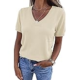 PRETTYGARDEN Womens Short Sleeve Sweater V Neck Trendy Pullover Tops 2026 Summer Spring Loose Lightweight Casual Blouse
