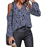 IFFEI Womens Long Sleeve Shirts Dressy Casual Leopard Print Tops Cold Shoulder Ruffle V Neck Loose Fit Blouses