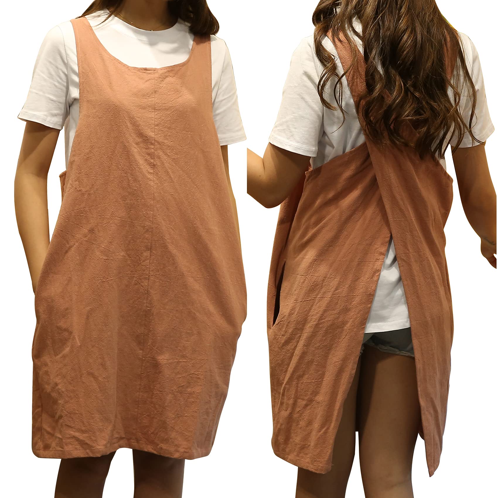 YushengTai Japanese style aprons, minimalist cotton linen villains with pockets, villains with X-shaped trugers, ideal for cooking and grilling, for gardening, relaxing and more, Orange-Red, M