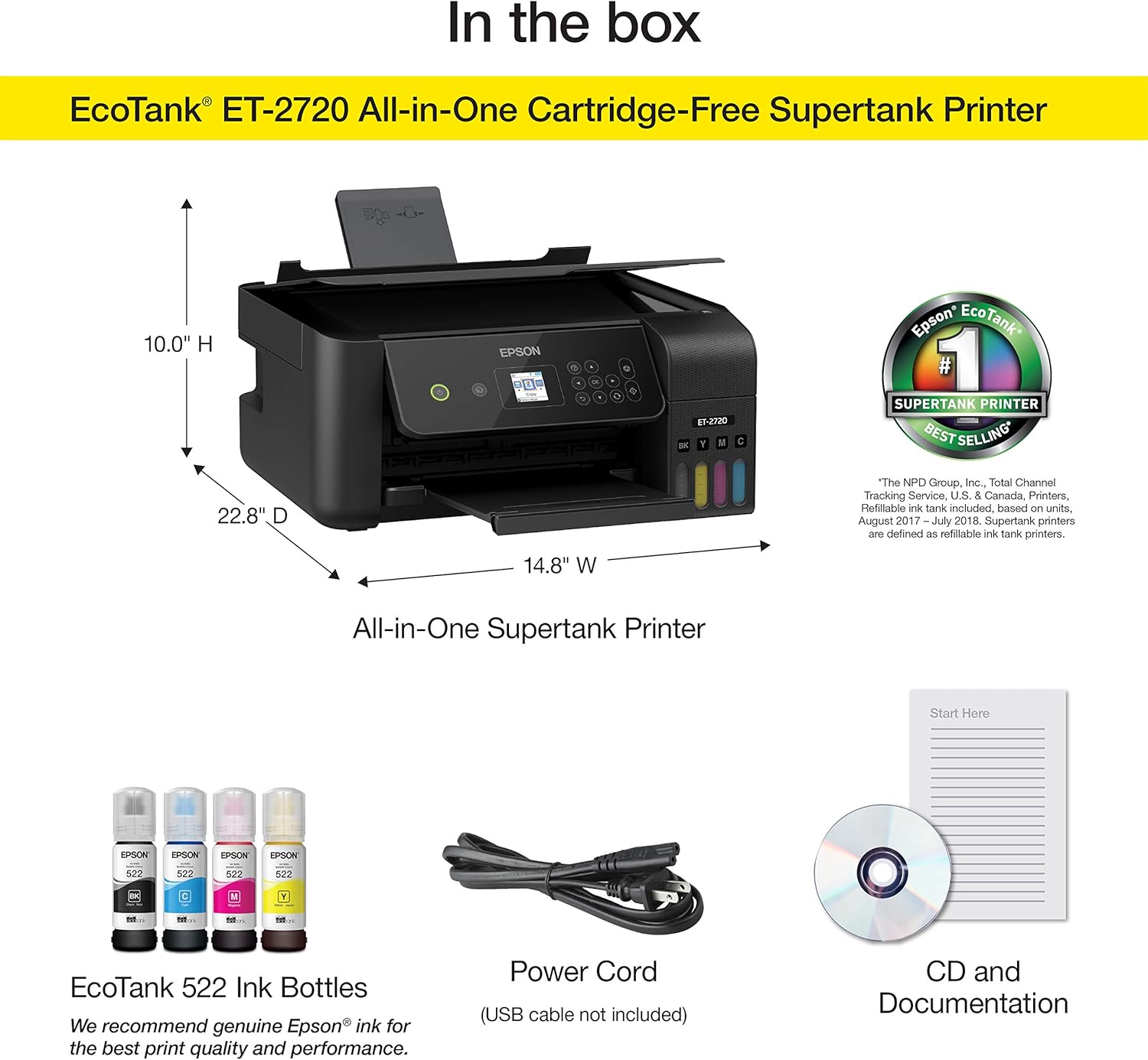 Epson EcoTank ET-2720 Wireless Color All-in-One Supertank Printer with Scanner and Copier - Black: Electronics