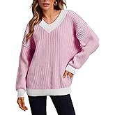 EVALESS Sweater for Women 2024 Fall Trendy V Neck Long Sleeve Pullover Sweaters Loose Casual Color Block Ribbed Knit Tops