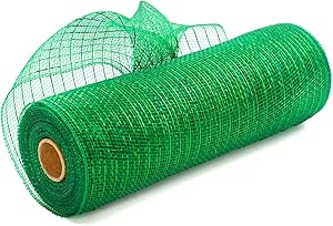 Acekit Green Deco Poly Mesh Ribbon with Metallic Foil 10 inch x 30 feet Each Roll for Wreaths, Swags Bows Wrapping and Decorating Projects-Green