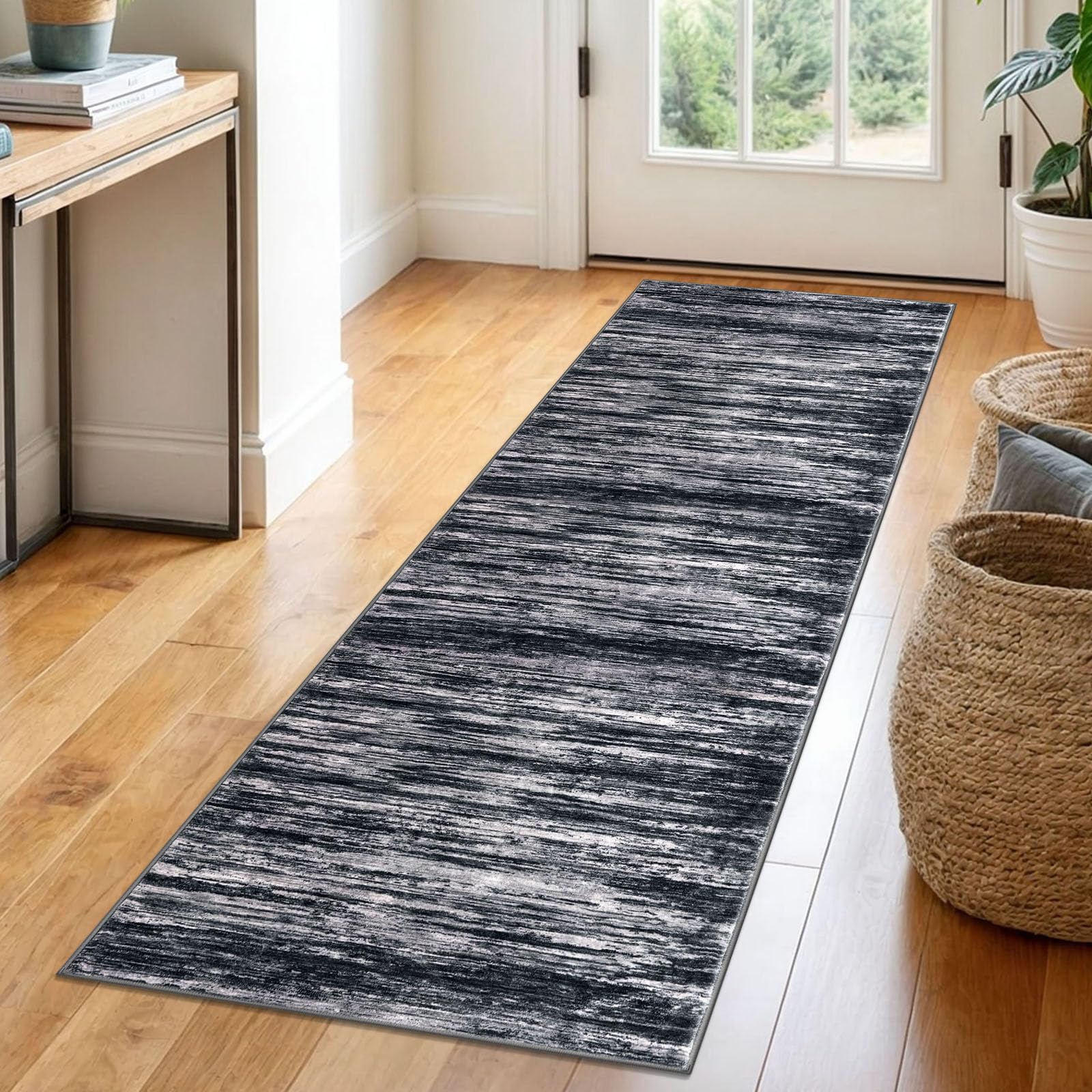 SIILOOM 2x6 Modern Abstract Runner Rug for Hallways, Black Super Soft Hallway Decor Kitchen Rugs with Non-Slip, Non-Shedding Washable Rug for Entryway Bedroom Indoor Image